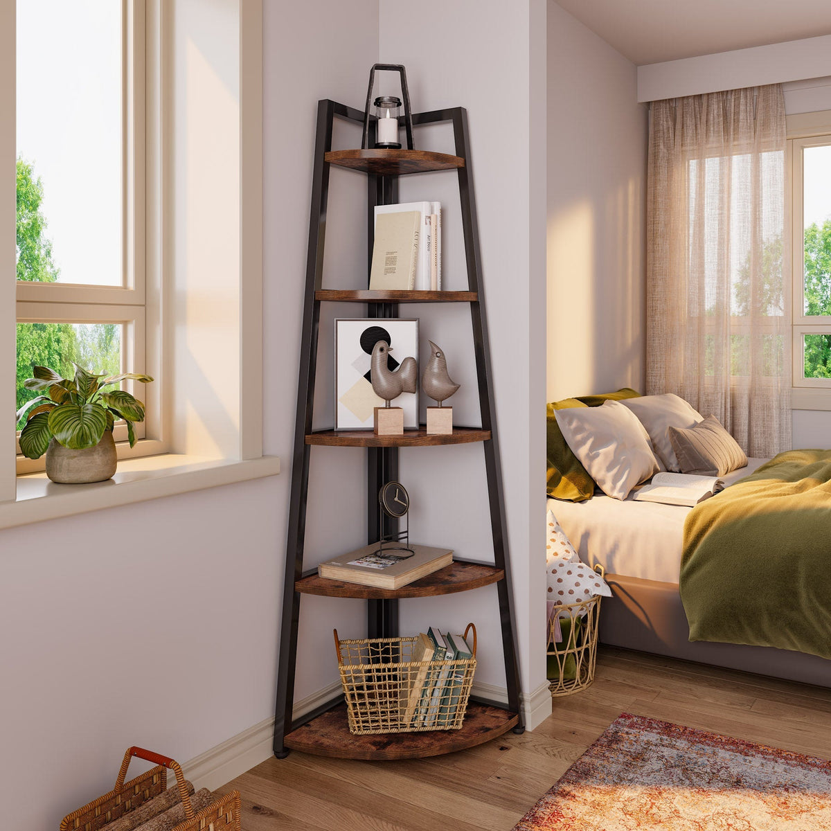 Corner bookshelf holding books, a plant and decor beside a bedroom window