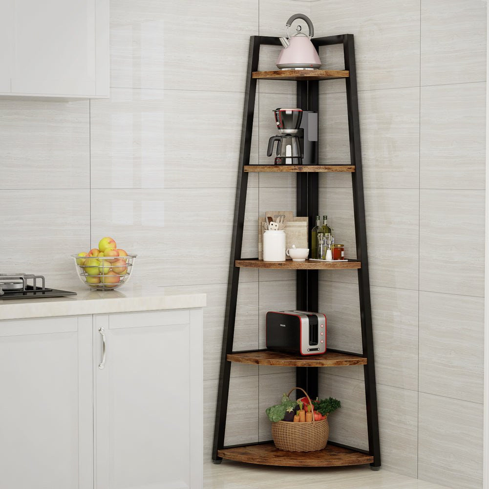 Five tier corner shelf in a kitchen corner holding jars and a basket