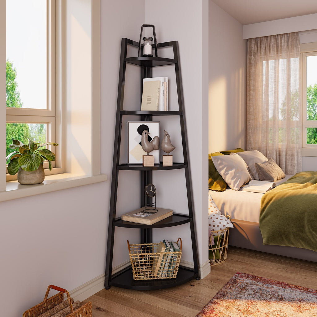 Corner shelf styled with books and ornaments in a bedroom