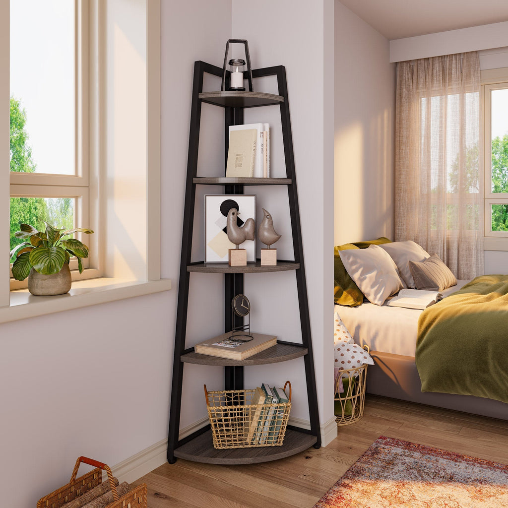 Rustic brown corner shelf beside a bed holding books and baskets