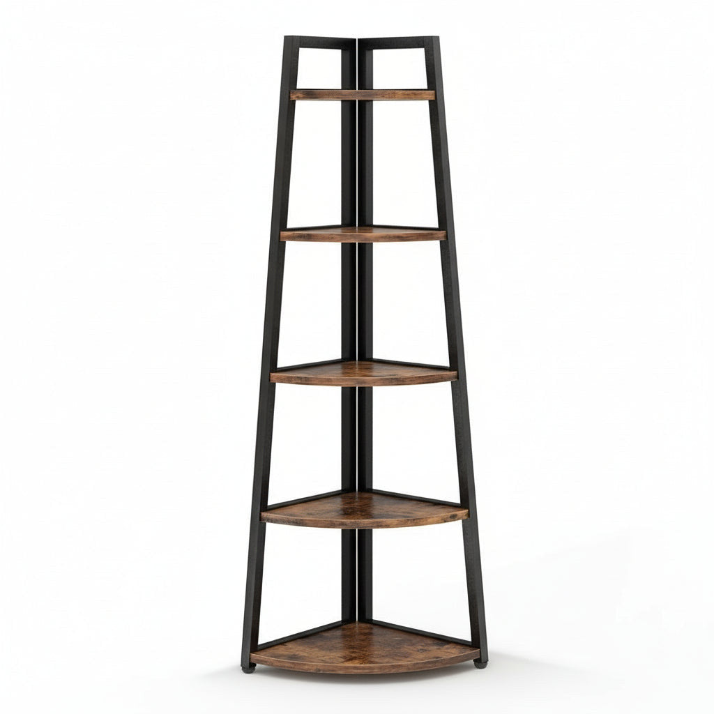 Front view of the five tier corner shelf against a plain background