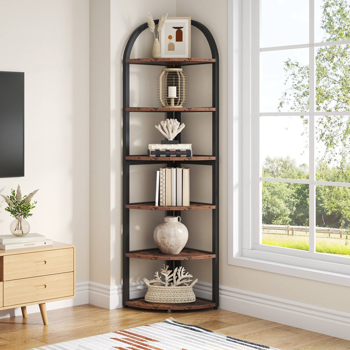 Stowena 6 tier rustic brown corner shelf standing in a living room corner