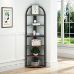 Six tier corner bookshelf holding books, a plant and decor
