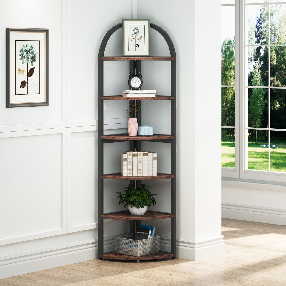 Six tier corner bookshelf holding books, a plant and decor
