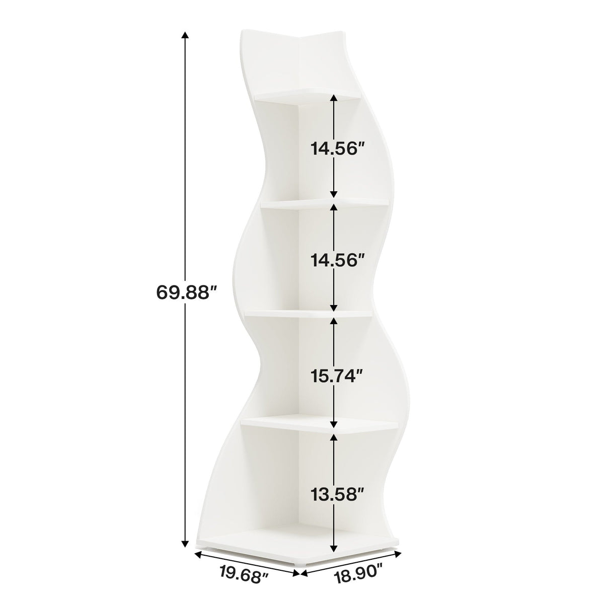 Dimension diagram: 69.88 in tall, 19.68 x 18.90 in footprint, tier heights 13.58 to 15.74 in
