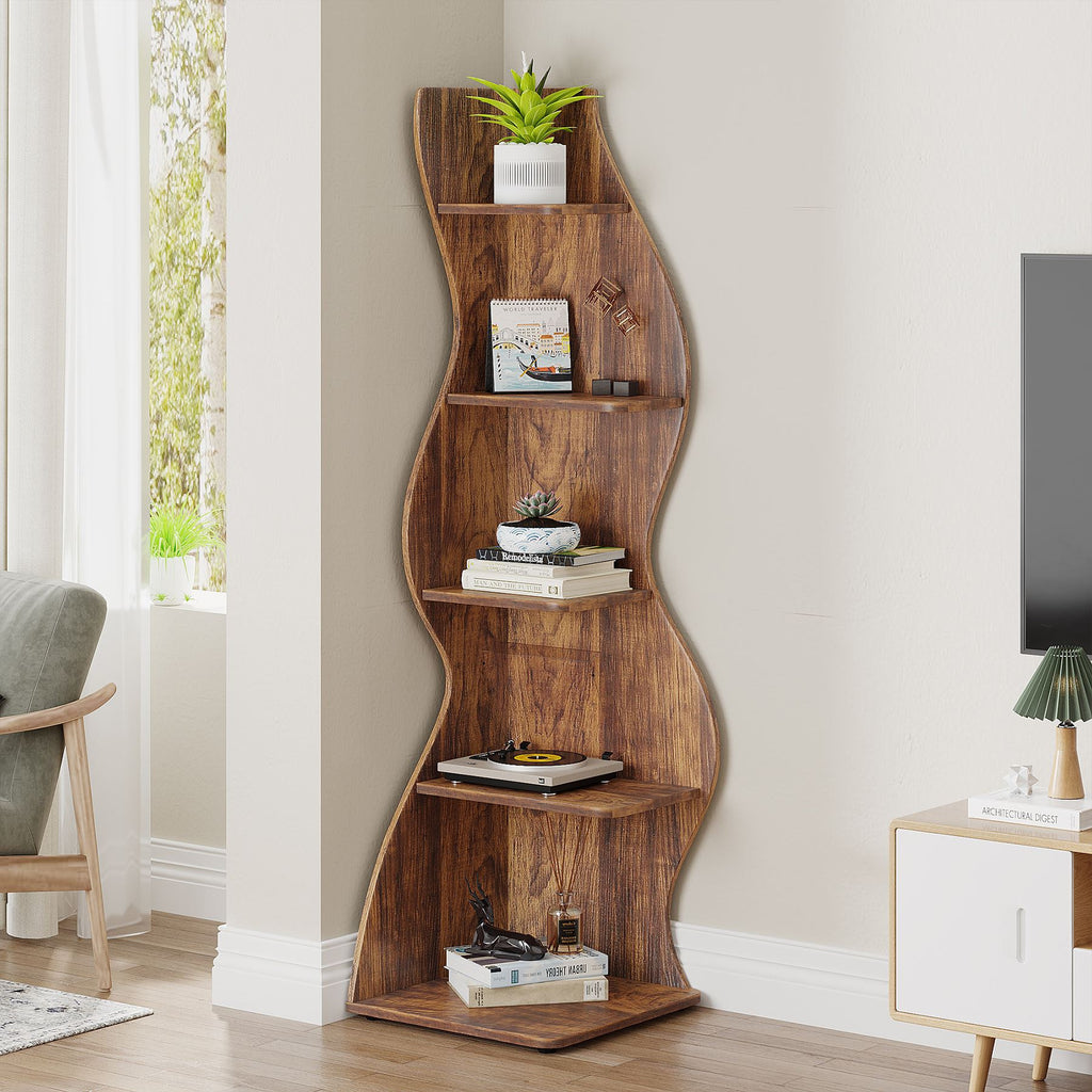 Stowena 5 tier rustic brown wave profile corner shelf in a living room corner