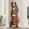 Stowena 5 tier rustic brown wave profile corner shelf in a living room corner