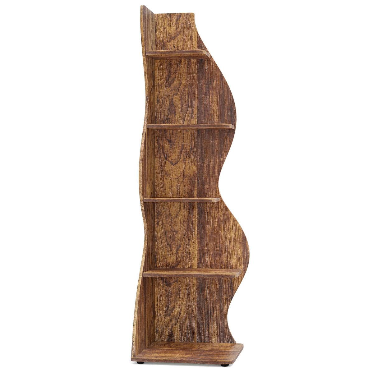 Product view of the curved five tier corner shelf in rustic brown