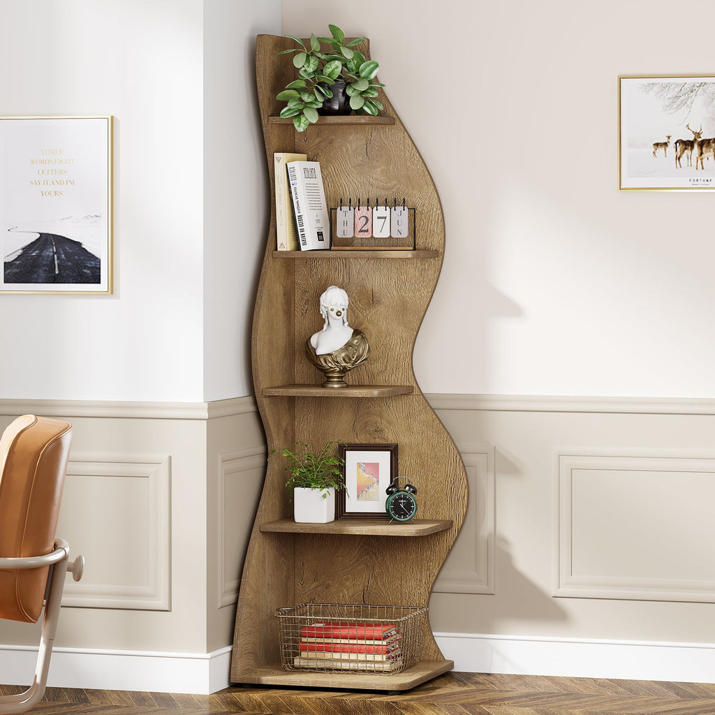Wave profile corner bookshelf styled with books, frames and a plant