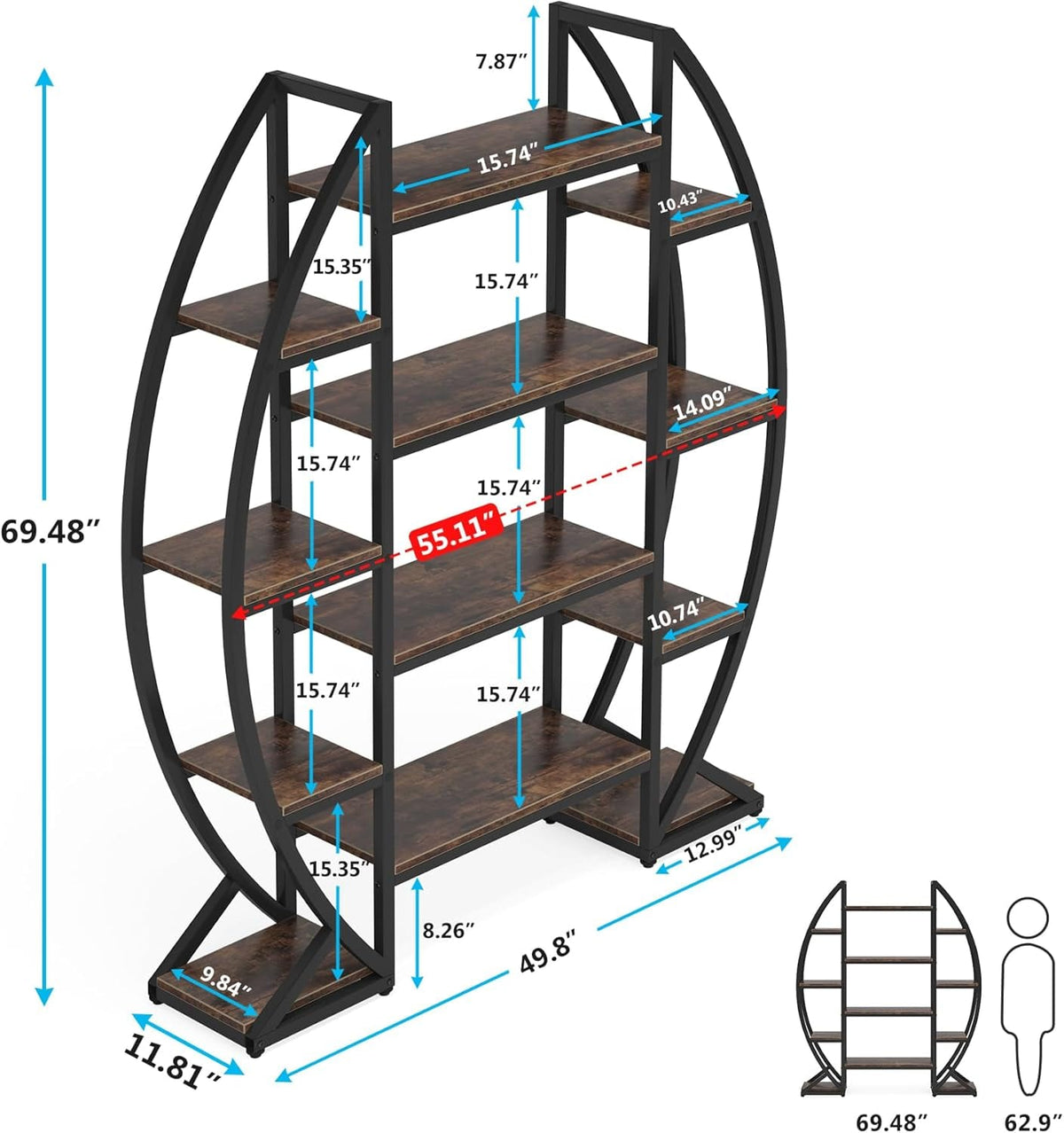 Oval Bookshelf, dimensions diagram