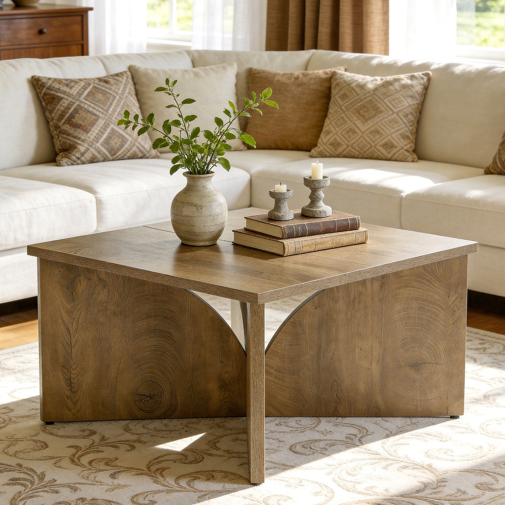 Stowena 31.5 inch square farmhouse coffee table in light oak with a vase and books by a sectional