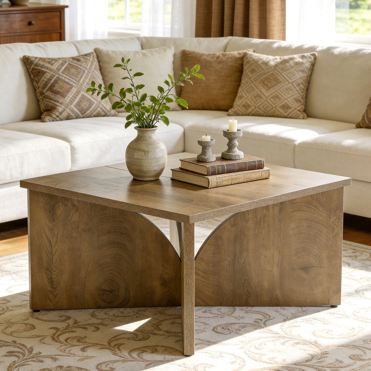 Stowena 31.5 inch square farmhouse coffee table in light oak with a vase and books by a sectional