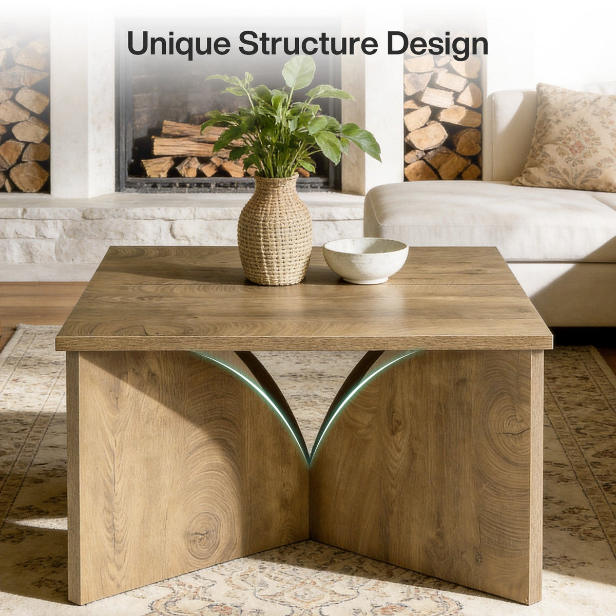 Square oak coffee table showing the curved V cutout panel legs by a fireplace