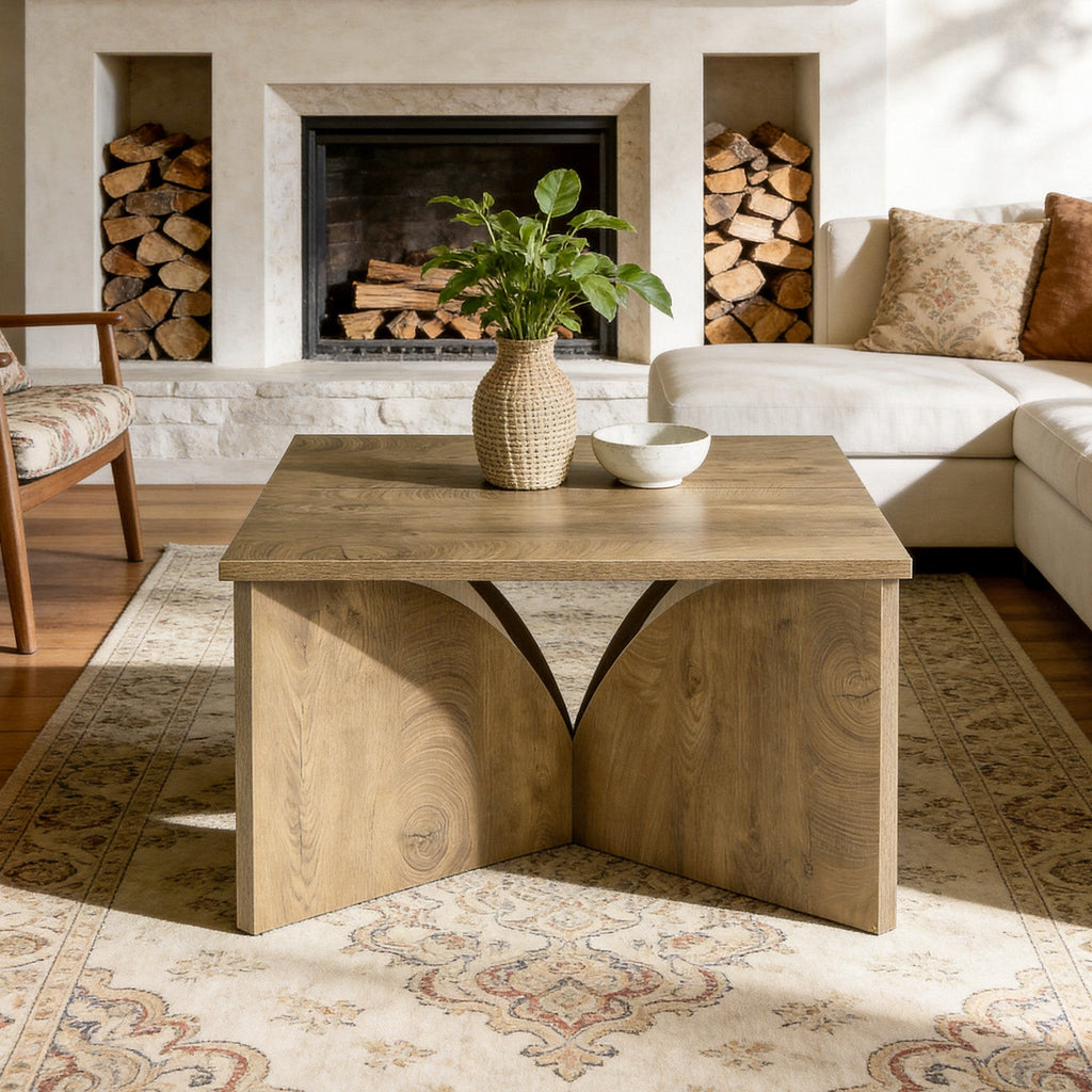 Farmhouse square table in front of a fireplace with logs and armchair
