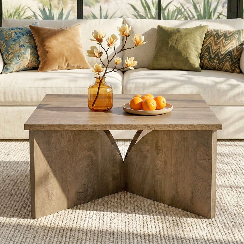 Square coffee table with magnolia branch and orange tray between two sofas