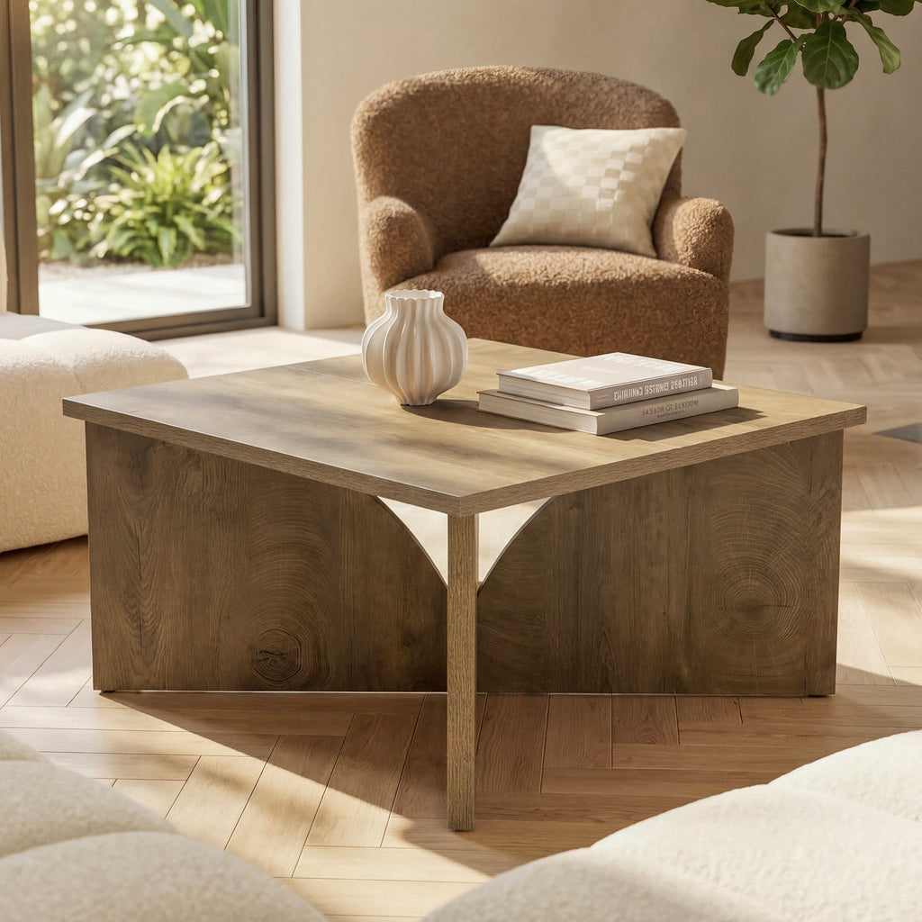 Square farmhouse table in a garden room beside a boucle armchair