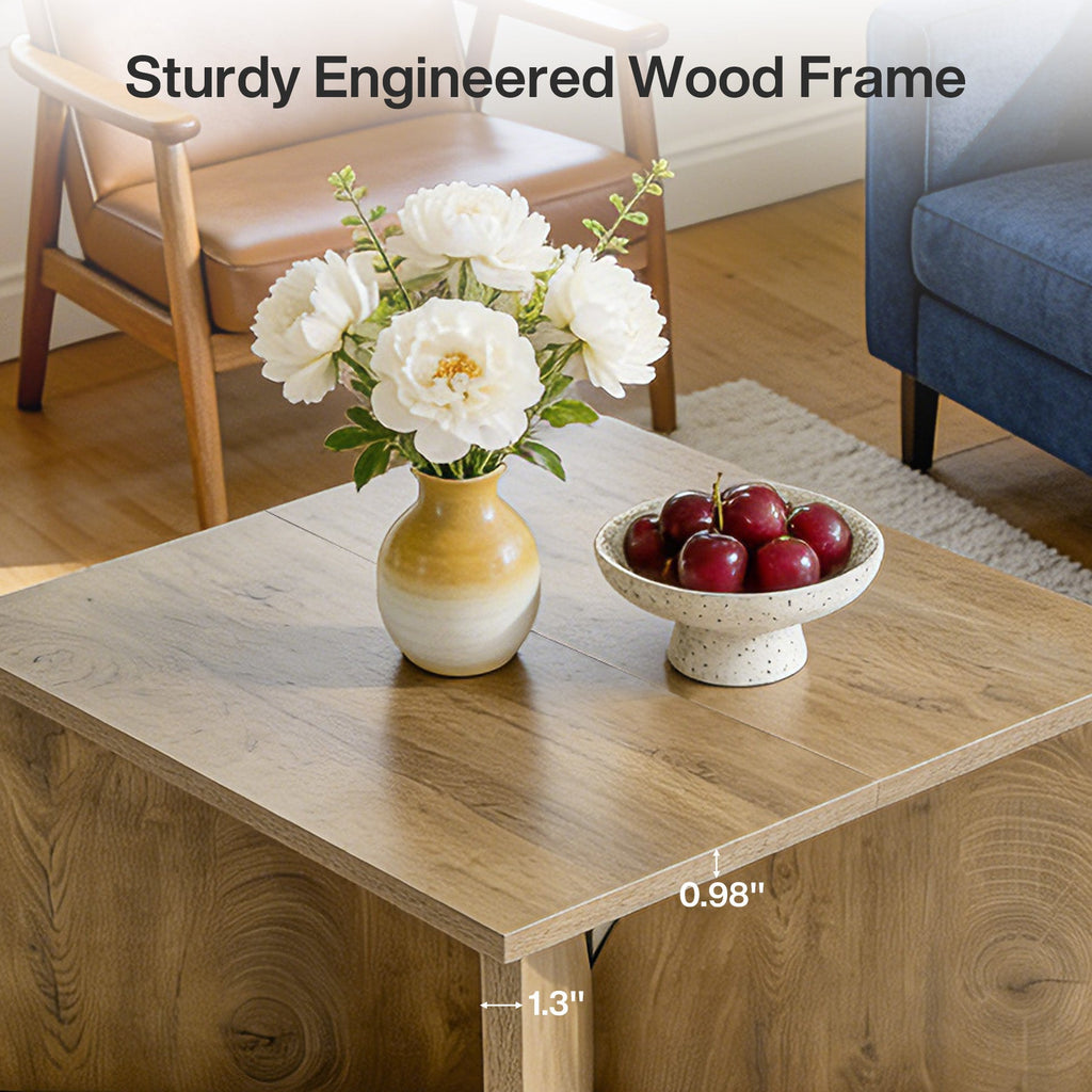 Close-up of the sturdy engineered wood frame and rustic oak grain with flowers and cherries