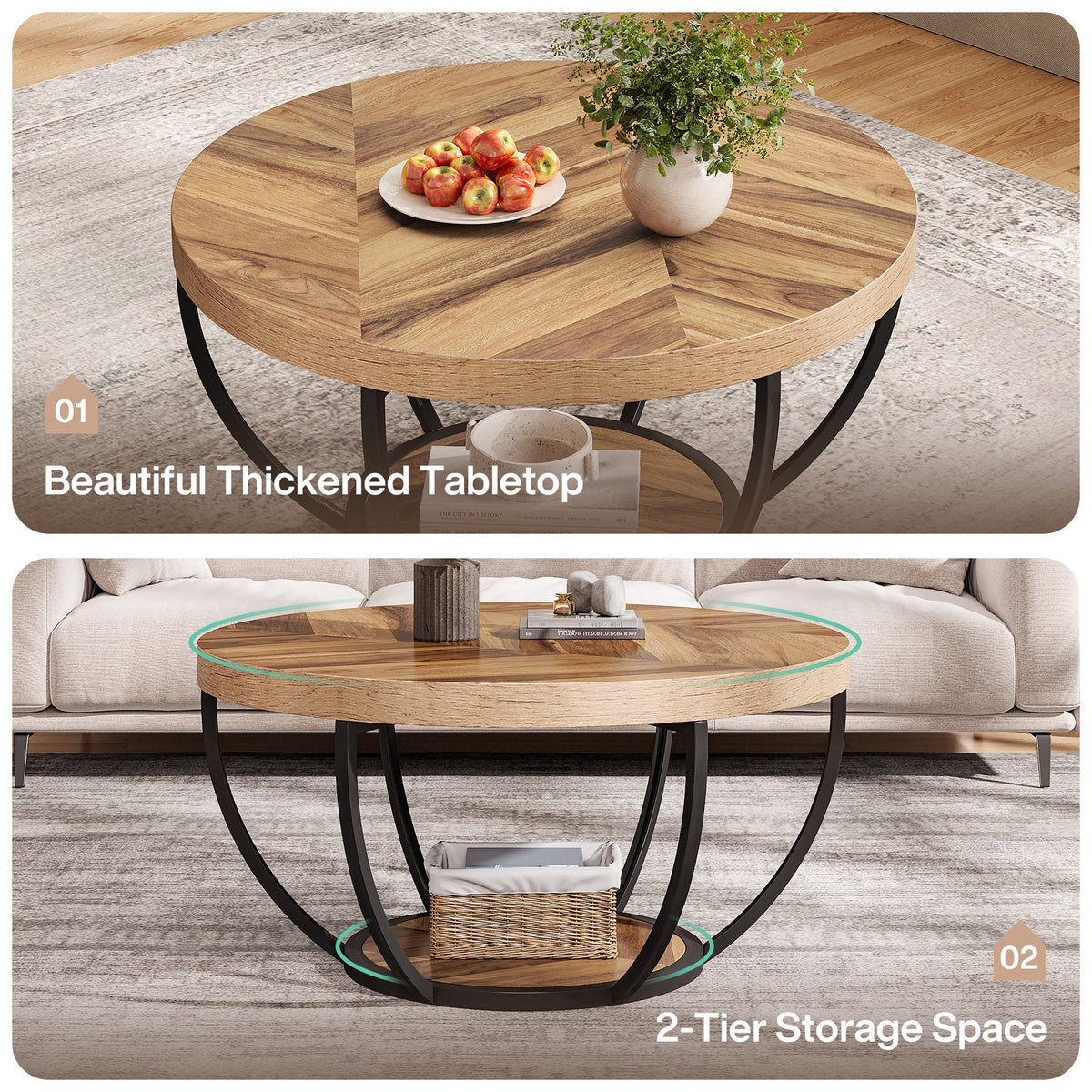 Detail composite: thickened tabletop and 2-tier storage space of the round coffee table