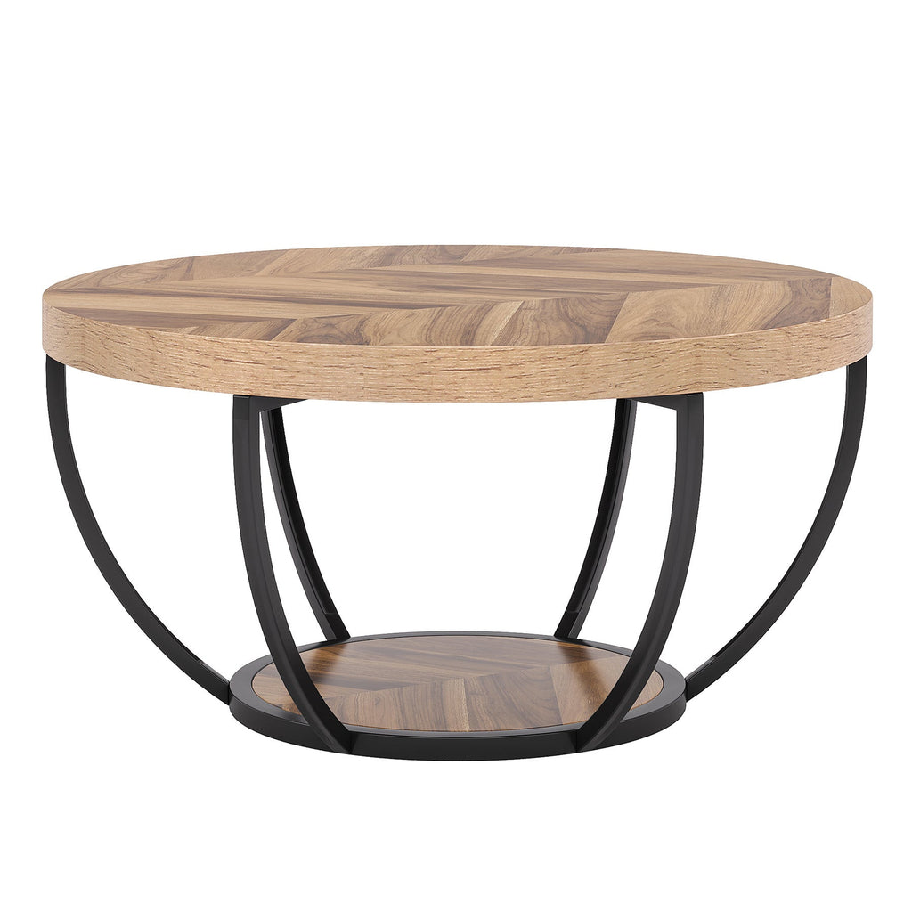 Wooden grain round coffee table on a white background showing the six curved legs