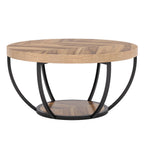 Wooden grain round coffee table on a white background showing the six curved legs