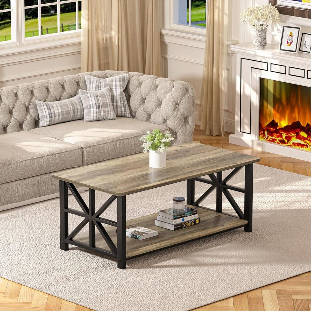 The gray wash coffee table in front of a fireplace with a sofa behind it