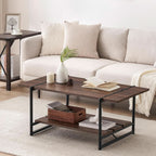 Stowena 41 inch industrial coffee table in walnut with a plant and books in front of a white sofa
