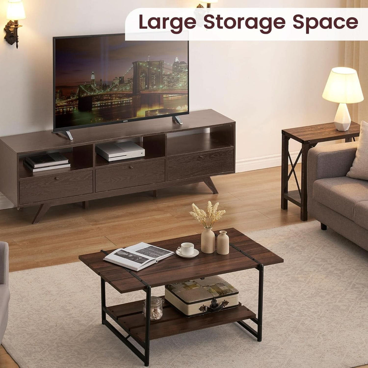 Walnut and steel coffee table with storage shelf holding a box and decor near a TV console