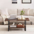 Industrial two tier coffee table with a laptop and basket in a bright living room