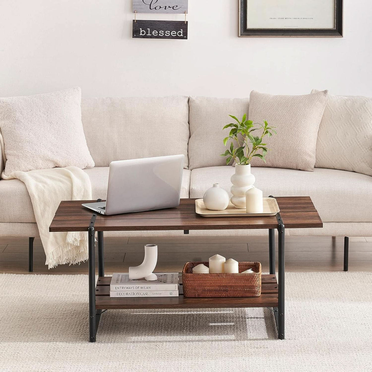 Industrial two tier coffee table with a laptop and basket in a bright living room