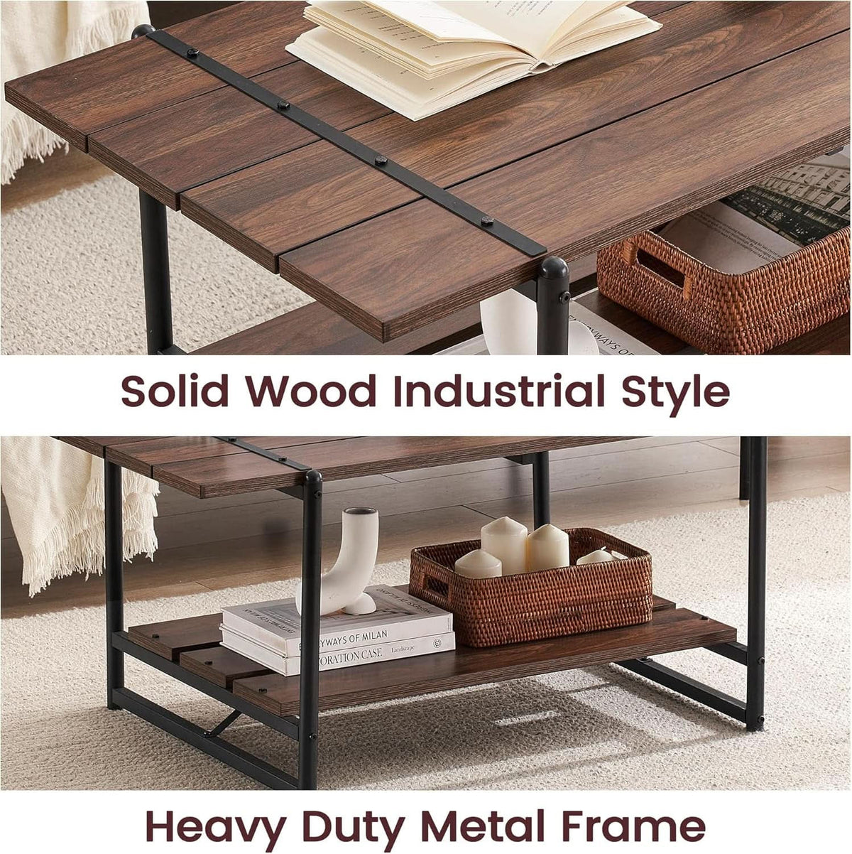 Detail composite: wood slat industrial style top and heavy duty steel frame corner