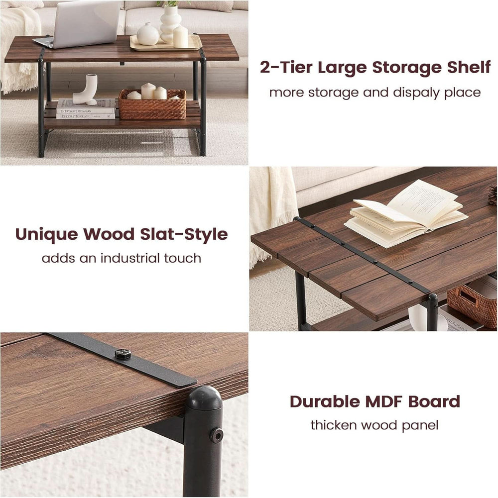 Feature graphic: 2-tier large storage shelf, unique wood slat style, durable thickened board