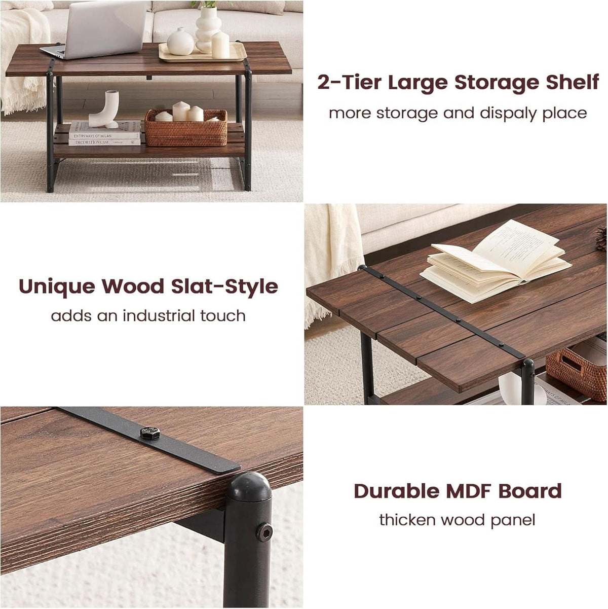 Feature graphic: 2-tier large storage shelf, unique wood slat style, durable thickened board