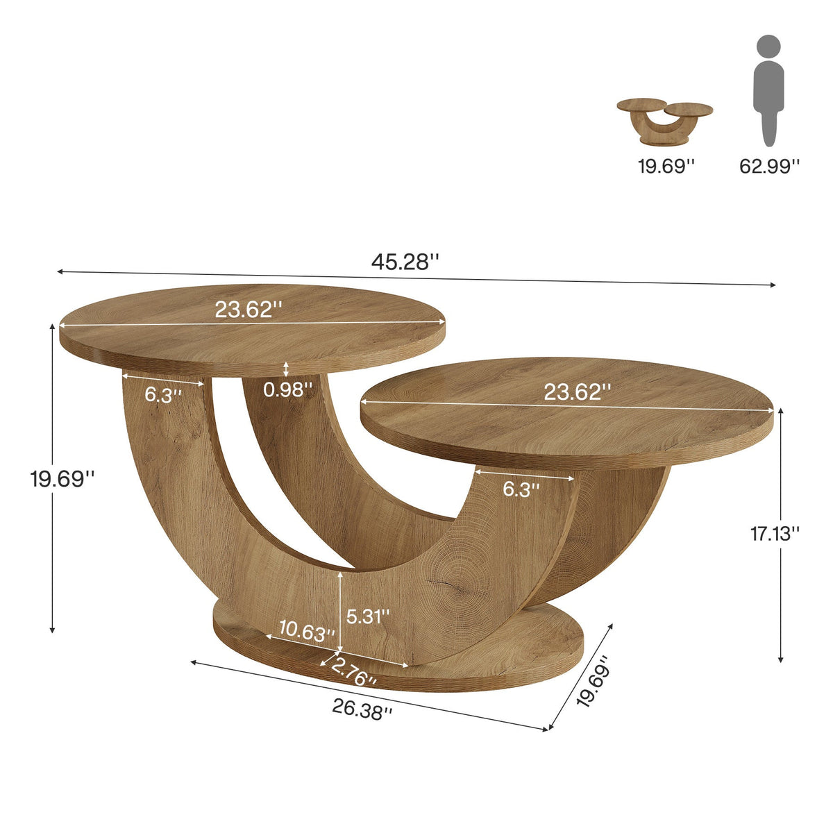 Dimension diagram: 45.28 x 19.69 x 17.13 in with two 23.62 in tabletops