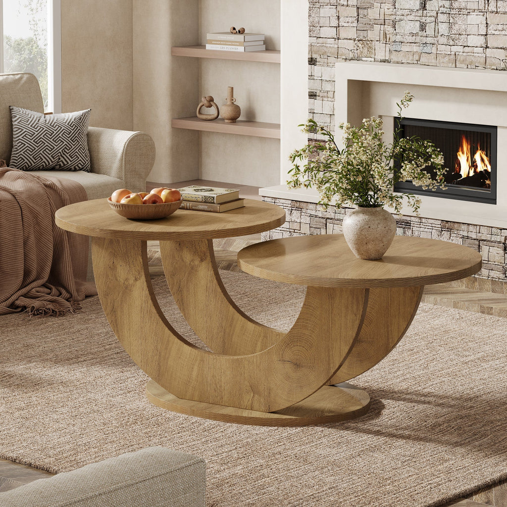 Oak double top coffee table in front of a fireplace