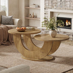 Oak double top coffee table in front of a fireplace