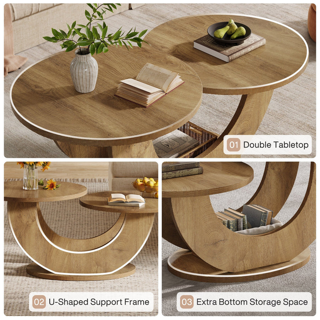 Double tabletop, U shaped support frame and extra bottom storage callouts