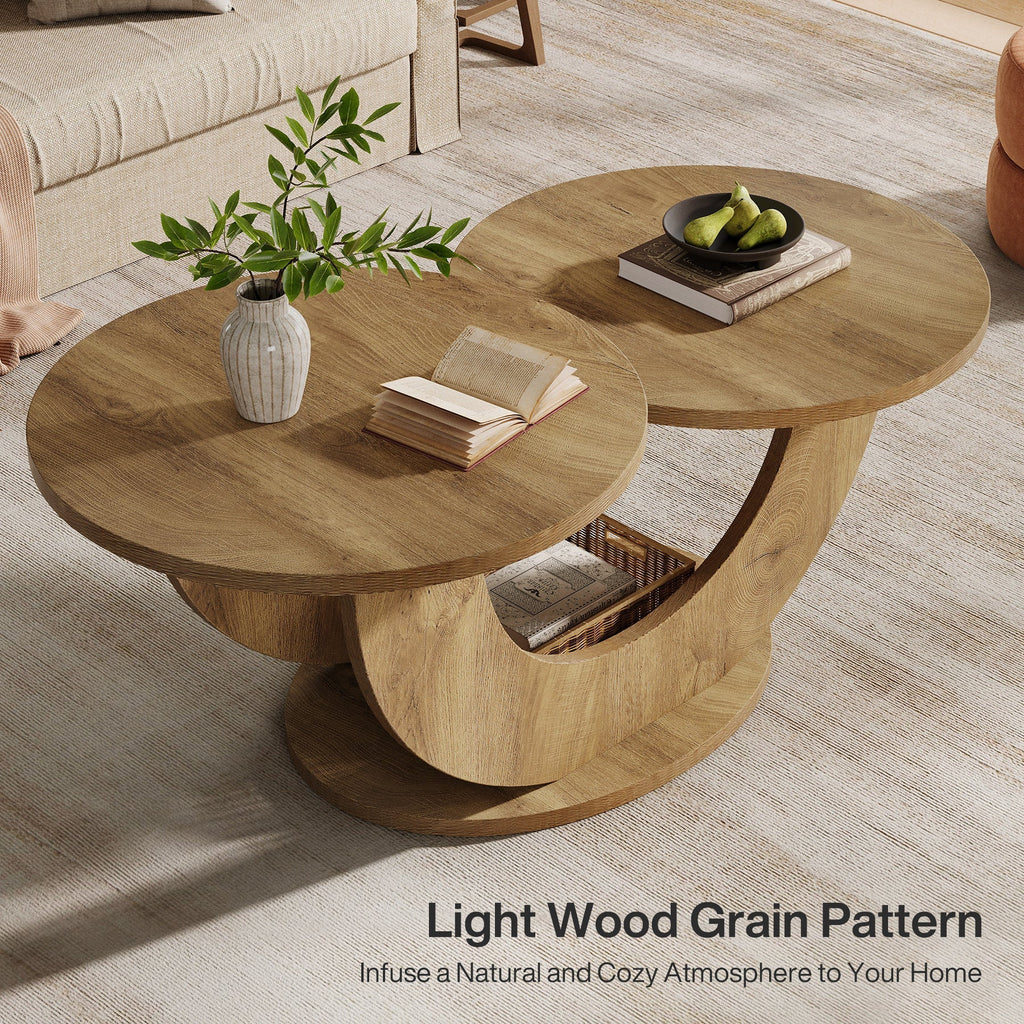 Angled view of the oak two tier coffee table showing both tabletops