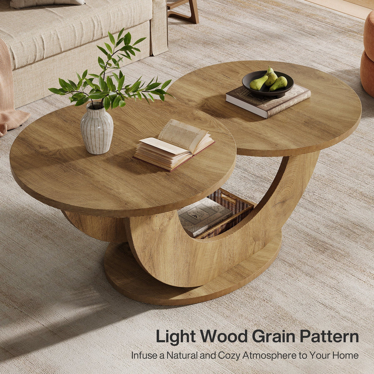 Angled view of the oak two tier coffee table showing both tabletops