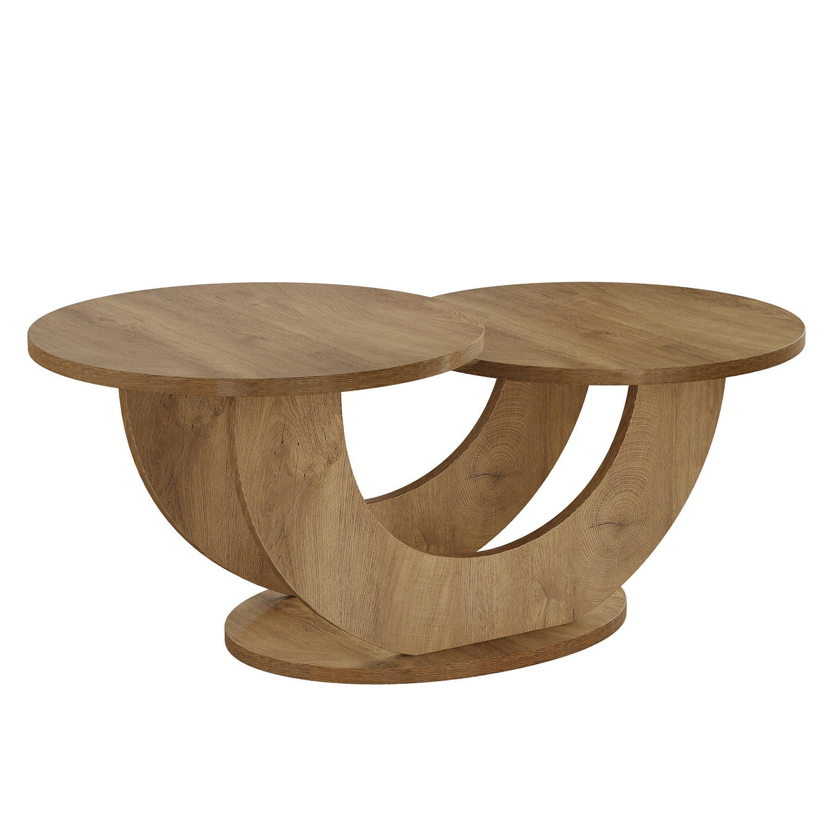 Oak two tier coffee table with curved U base on a plain background