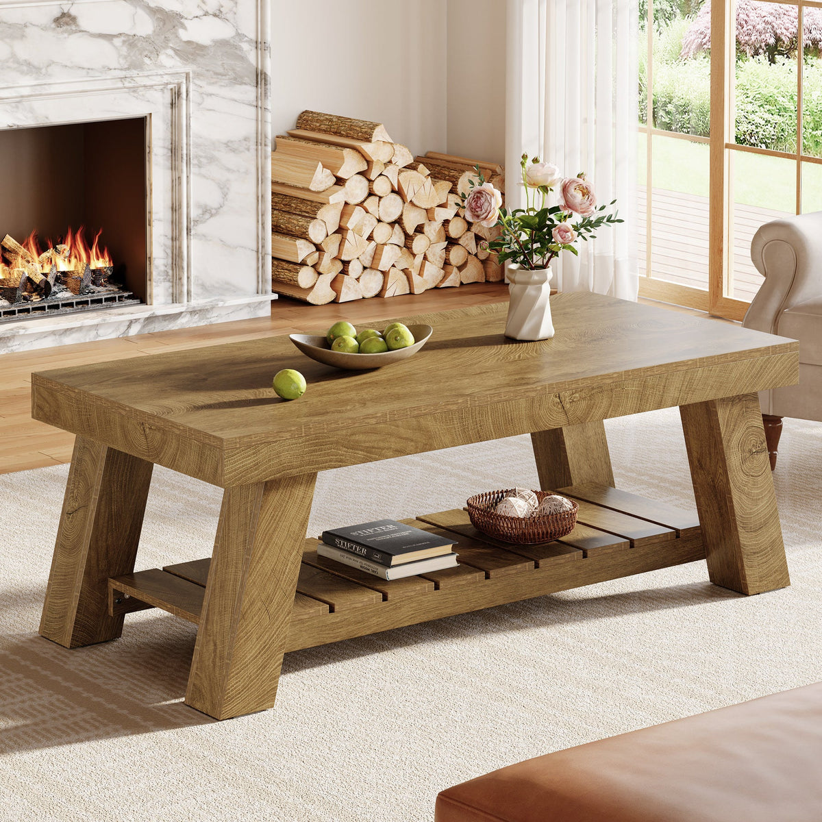 Stowena 47 inch farmhouse coffee table in brown by a fireplace with apples and flowers on top