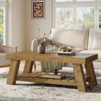 2 tier wood coffee table in front of a cream sofa holding a vase and books