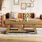 Farmhouse coffee table with slatted lower shelf holding a basket in front of an orange sofa