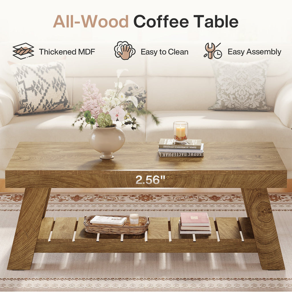 Feature graphic: all-wood coffee table with thickened board, easy to clean, easy assembly