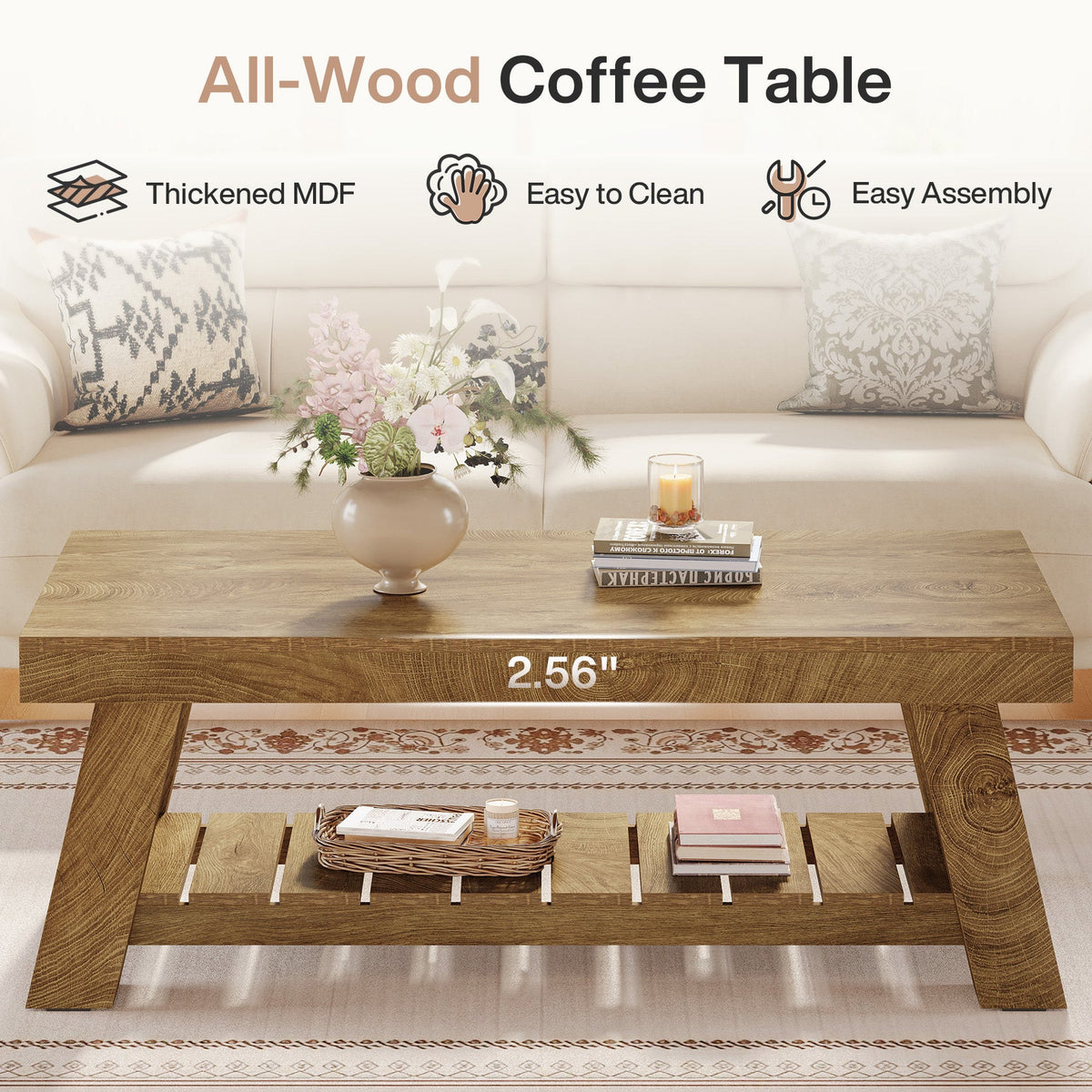 Feature graphic: all-wood coffee table with thickened board, easy to clean, easy assembly