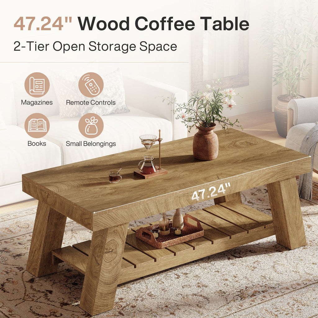 Storage graphic: 47.24 inch wood coffee table with 2 tier open storage for magazines, remotes, books and small belongings