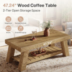 Storage graphic: 47.24 inch wood coffee table with 2 tier open storage for magazines, remotes, books and small belongings