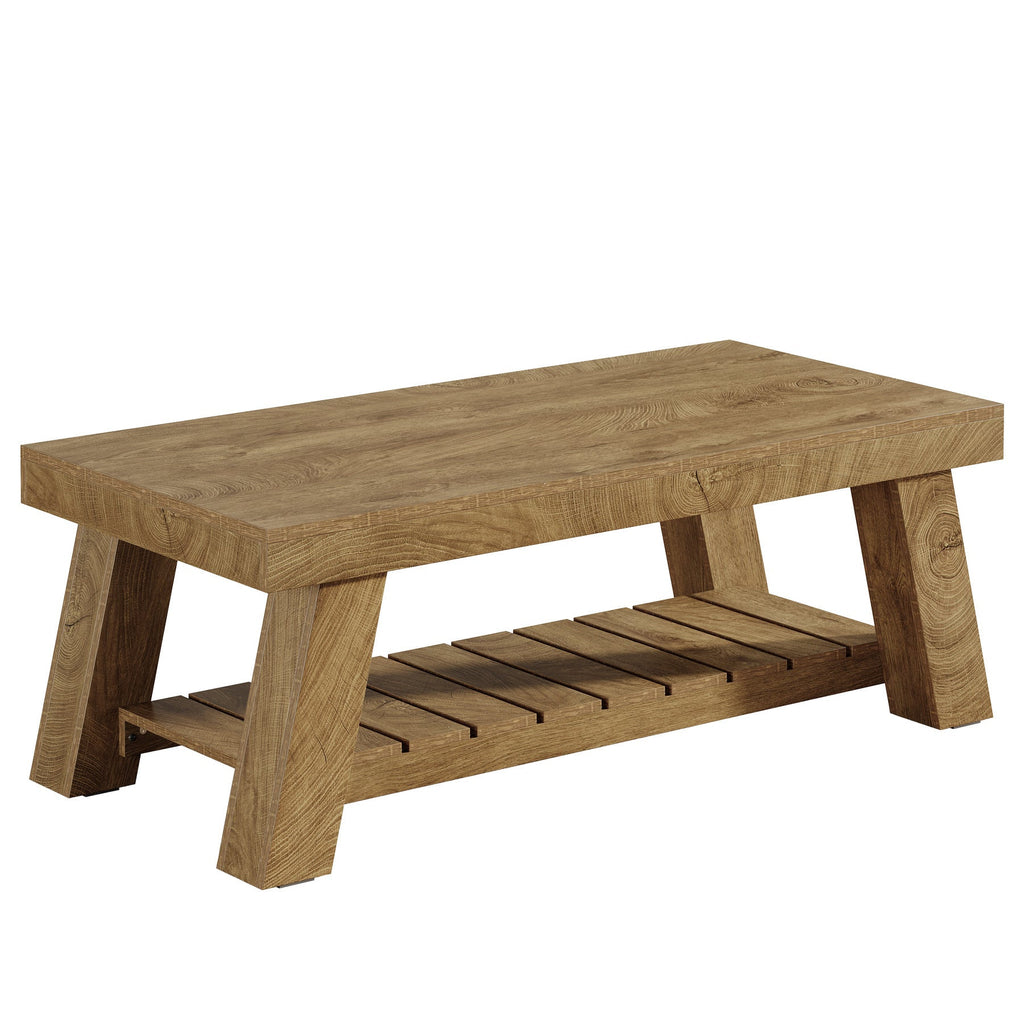 47 inch brown farmhouse coffee table with slatted shelf on a white background