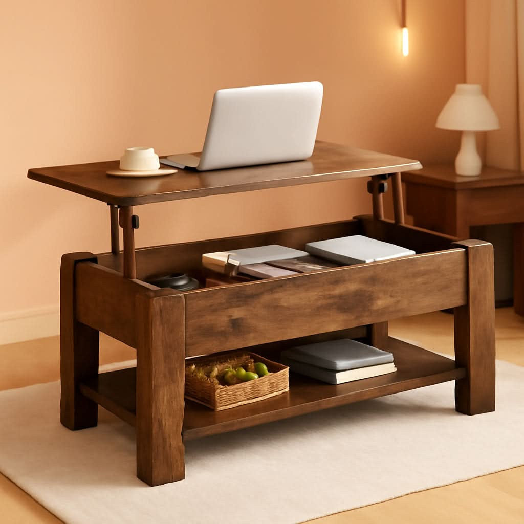 Stowena 47.5 inch lift top coffee table in rustic brown with the top raised and a laptop on it