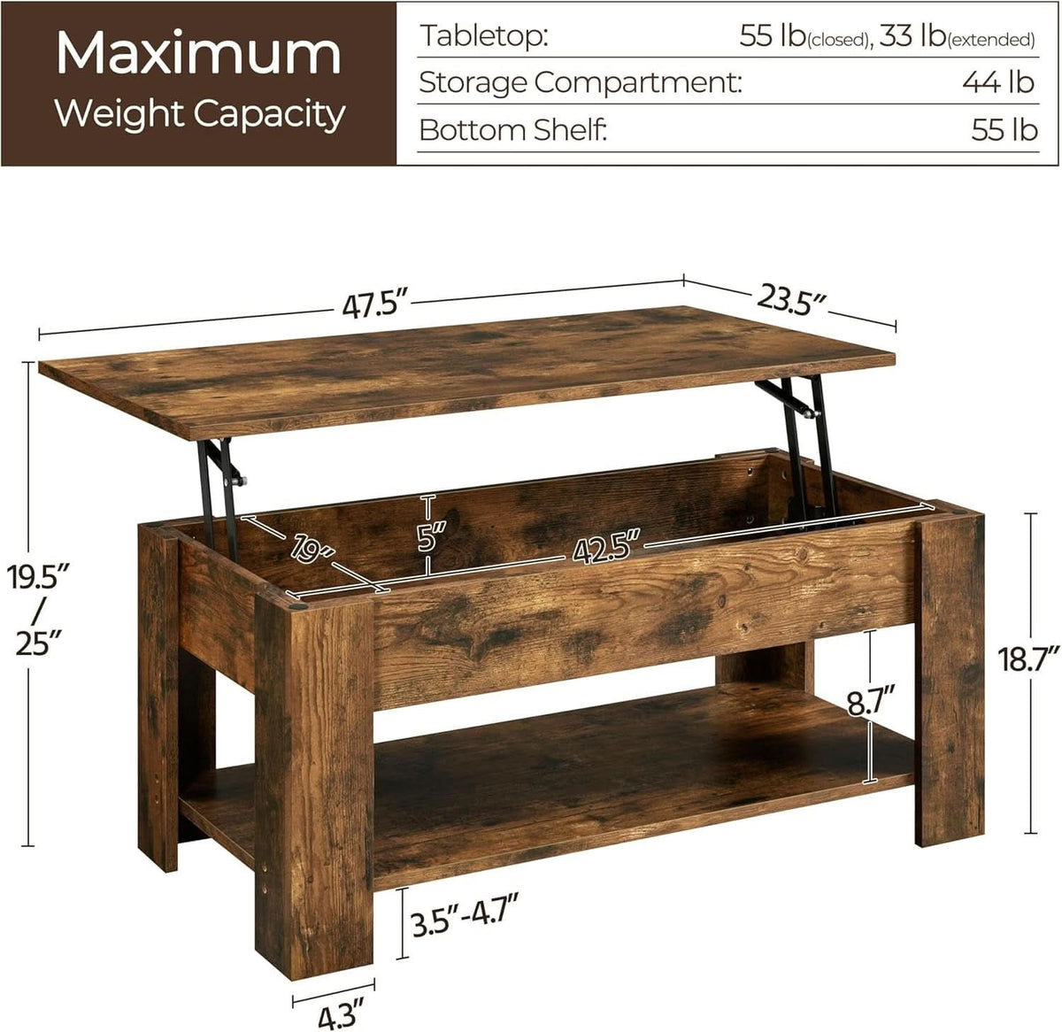 Dimension diagram: 47.5 x 23.5 in, height 19.5 to 25 in, capacities 55, 33, 44 and 55 lb