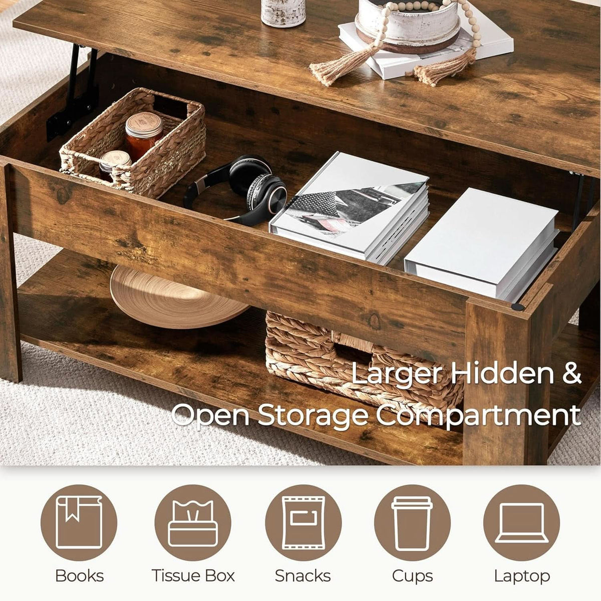 Lift top open showing the hidden storage compartment with baskets and books inside